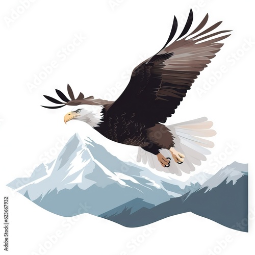  an eagle flying over a mountain range with mountains in the backgroup and a white background with a blue sky in the background. generative ai