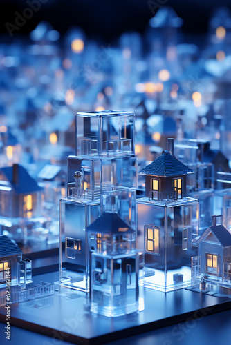 3D city, blue, frosted glass, transparent technology sense. AI generative