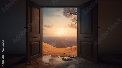  an open door leading to a desert landscape with a tree in the middle of the door and a sunset in the distance with a lone tree in the middle of the door. generative ai