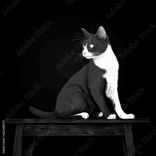  a black and white cat sitting on top of a wooden bench on a black background with a white spot in the middle of the picture. generative ai