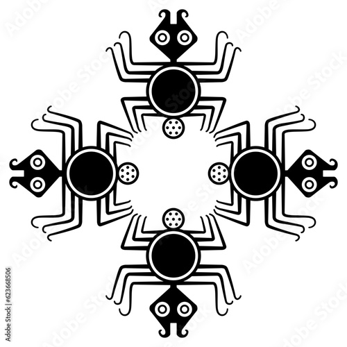 Geometrical ornament with stylized spiders. Native American animal motif of Moche Indians of ancient Peru. Black and white silhouette.