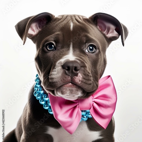 Staffy puppy and a pink bow