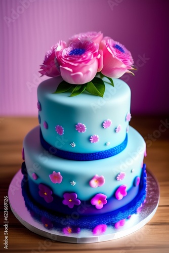 wedding cake with pink roses generated by AI