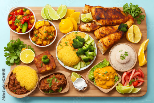 High angle delicious brazilian food composition on wooden background