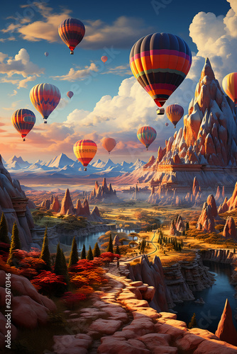 Hot air balloons flying above a mountain. AI generative