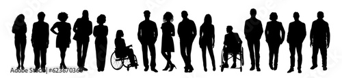 Silhouettes of diverse business people standing, men and women full length, disabled person sitting in wheelchair. Inclusive business concept. Vector illustration isolated on transparent background.  photo