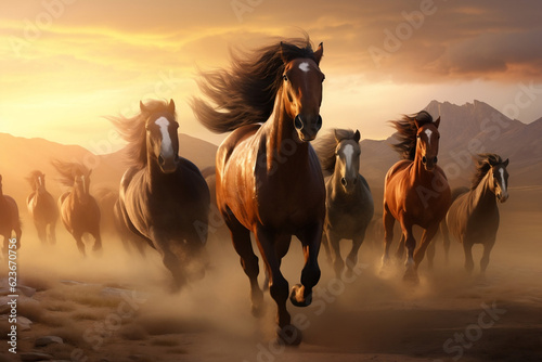 A majestic herd of wild horses galloping through an expansive prairie  their manes flowing in the wind.