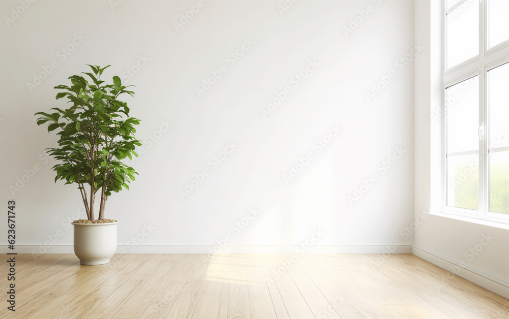 Empty white room interior with plant pot on a wooden floor Empty white room interior with plant pot on a wooden floor