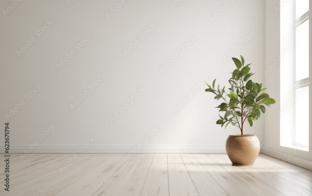 Empty white room interior with plant pot on a wooden floor Empty white room interior with plant pot on a wooden floor