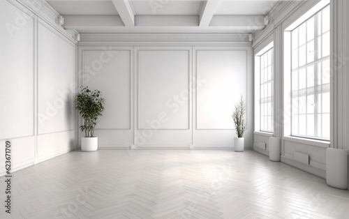 Empty white room interior with plant pot on a wooden floor © MUS_GRAPHIC