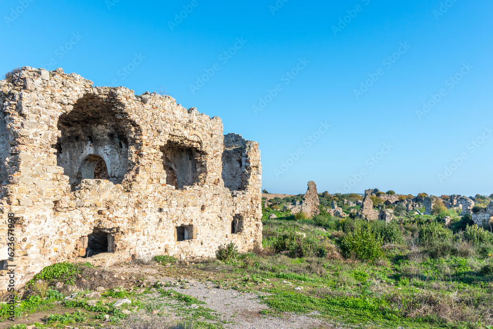 The ruins of Bizans Hastanesi in the ancient city of side, a popular tourist destination