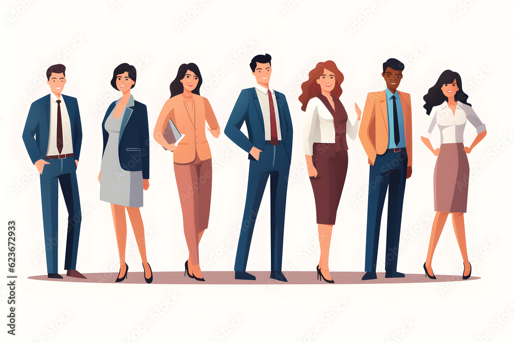 Obraz premium Businessmen working together in suits in different poses, flat style, graphics, generative ai