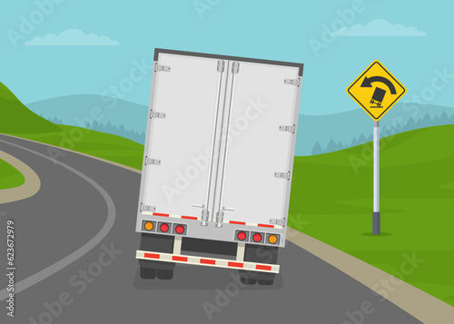 Back view of a semi-trailer about to rollover on turning road. Truck rollover traffic sign. Flat vector illustration template. photo
