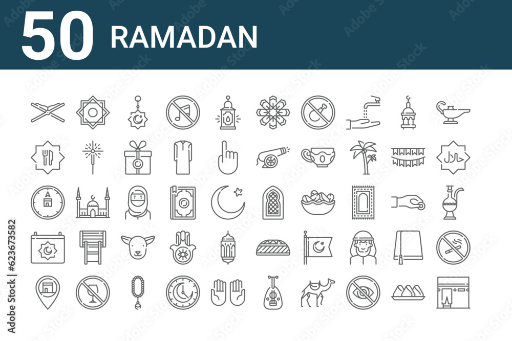 set of 50 ramadan icons. outline thin line icons such as kaaba ...