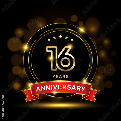 16 year anniversary logo with a gold emblem shape and red ribbon, logo template vector