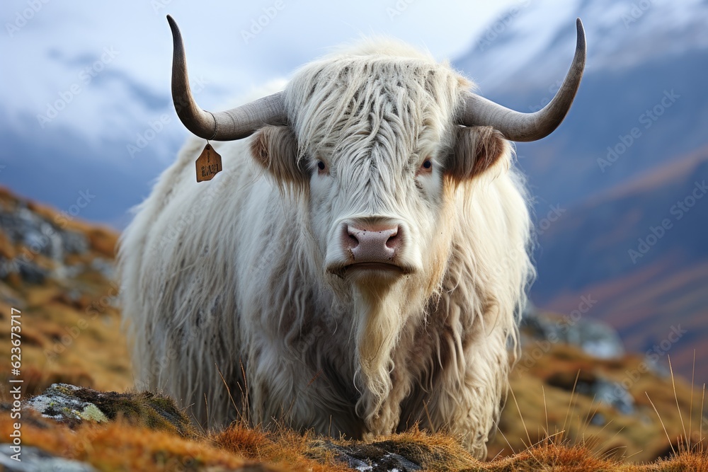 Domestic yak with mountains in the background. Generative AI Domestic yak with mountains in the background. Generative AI