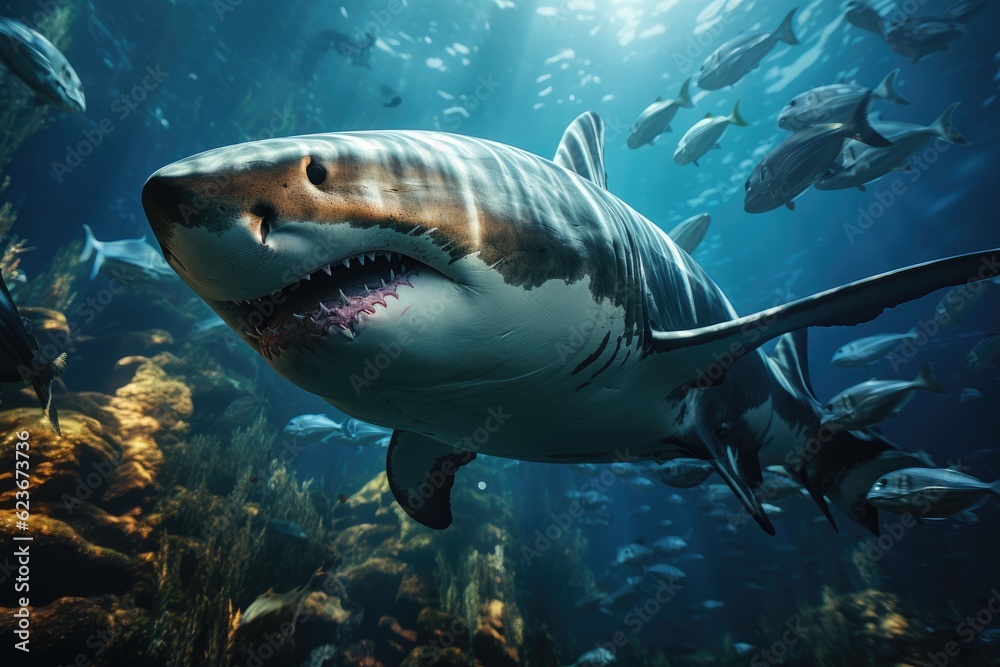 Fototapeta premium Scary shark with open jaws. Generative AI