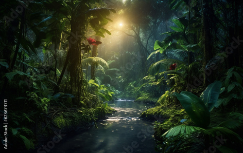 Mysterious tropical rainforest glows with lush greenery © MUS_GRAPHIC