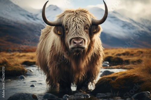Domestic yak with mountains in the background. Generative AI