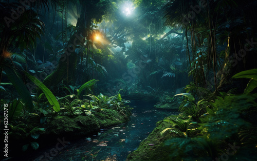 Mysterious tropical rainforest glows with lush greenery