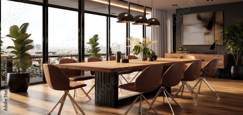 Interior design of modern dining room  wooden table and brown chairs. Generative AI