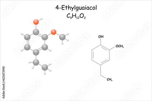 Stylized molecule model/structural formula of 4-Ethylguaiacol.