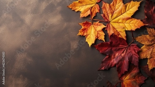 Yellow and red autumn leaves of trees on a dark background, autumn background, copy space. Generative AI