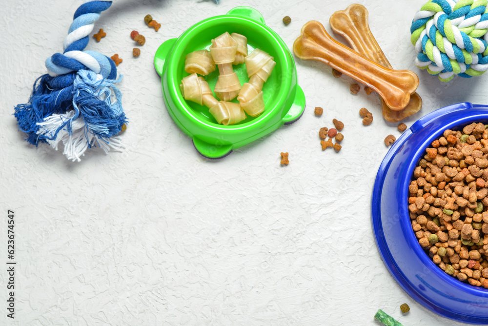 Composition with different dog food and toys on light background Composition with different dog food and toys on light background