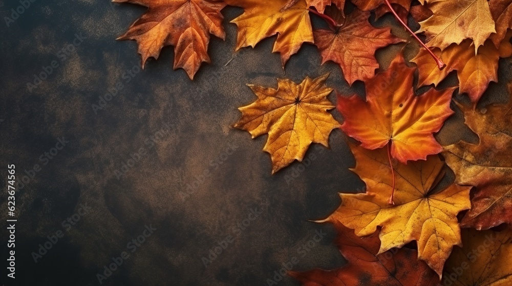 Yellow and red autumn leaves of trees on a dark background, autumn background, copy space. Generative AI Yellow and red autumn leaves of trees on a dark background, autumn background, copy space. Generative AI