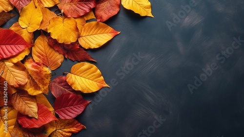 Yellow and red autumn leaves of trees on a dark background  autumn background  copy space. Generative AI