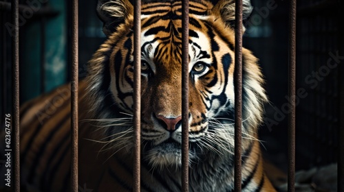 Fotografia Close up of face of Bengal tiger in cage.