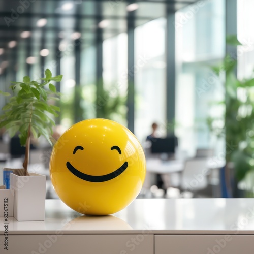 Yellow Smiling face Balloon in the office,blurred background. Generative Ai.