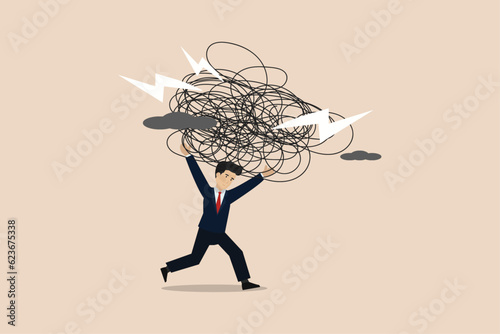 Stress burden, anxiety from difficulties and workload, problems in economic crisis or pressure from too much responsibility concept. Businessman illustration.