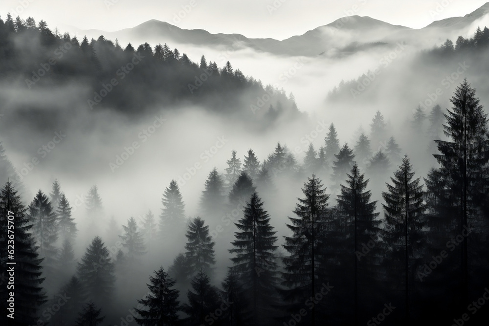 A serene monochrome landscape, with rolling fog blanketing a tranquil forest, lending an air of mystery and tranquility.