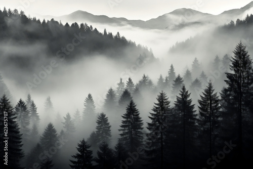 A serene monochrome landscape, with rolling fog blanketing a tranquil forest, lending an air of mystery and tranquility. © Tachfine Art