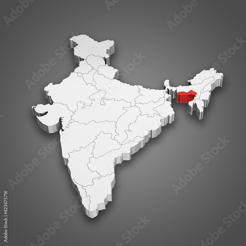 Meghalaya state location within India map. 3D Illustration