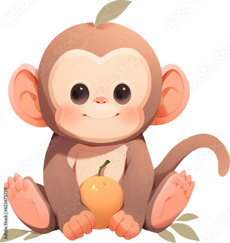 A monkey with an egg in his hands sits on a branch with an apple on it