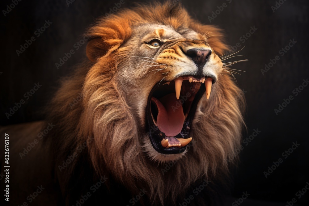Fototapeta premium An angry lion with an open mouth. expression of anger. Portrait of a big male lion with open mouth on a dark background. Generative AI technology