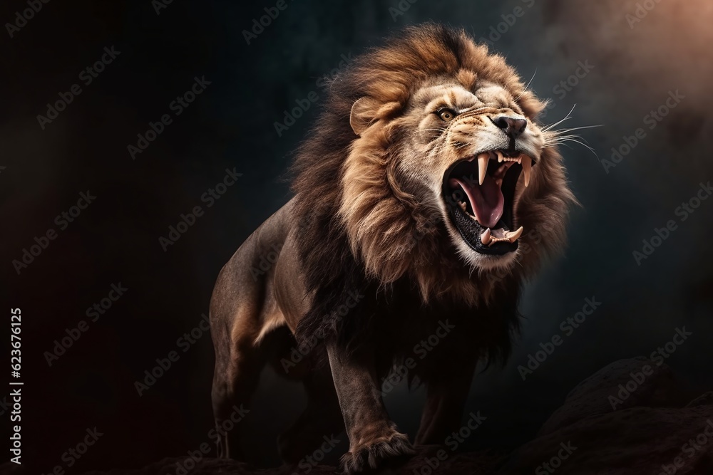 Fototapeta premium An angry lion with an open mouth. expression of anger. Portrait of a big male lion with open mouth on a dark background. Generative AI technology