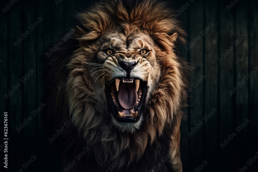 Fototapeta premium An angry lion with an open mouth. expression of anger. Portrait of a big male lion with open mouth on a dark background. Generative AI technology