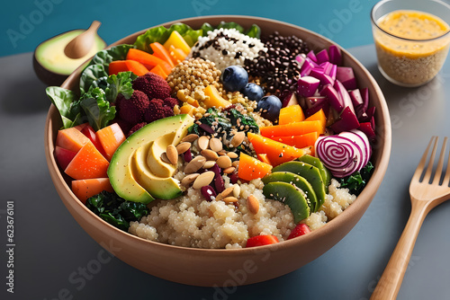 Vegan bowl with vegetables and fruits photo