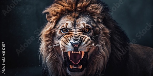 An angry lion with an open mouth. expression of anger. Portrait of a big male lion with open mouth on a dark background. Generative AI technology