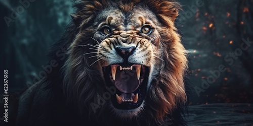 An angry lion with an open mouth. expression of anger. Portrait of a big male lion with open mouth on a dark background. Generative AI technology