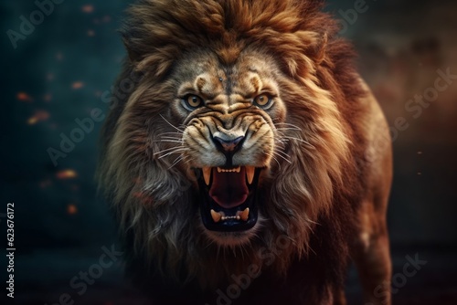 An angry lion with an open mouth. expression of anger. Portrait of a big male lion with open mouth on a dark background. Generative AI technology © vachom