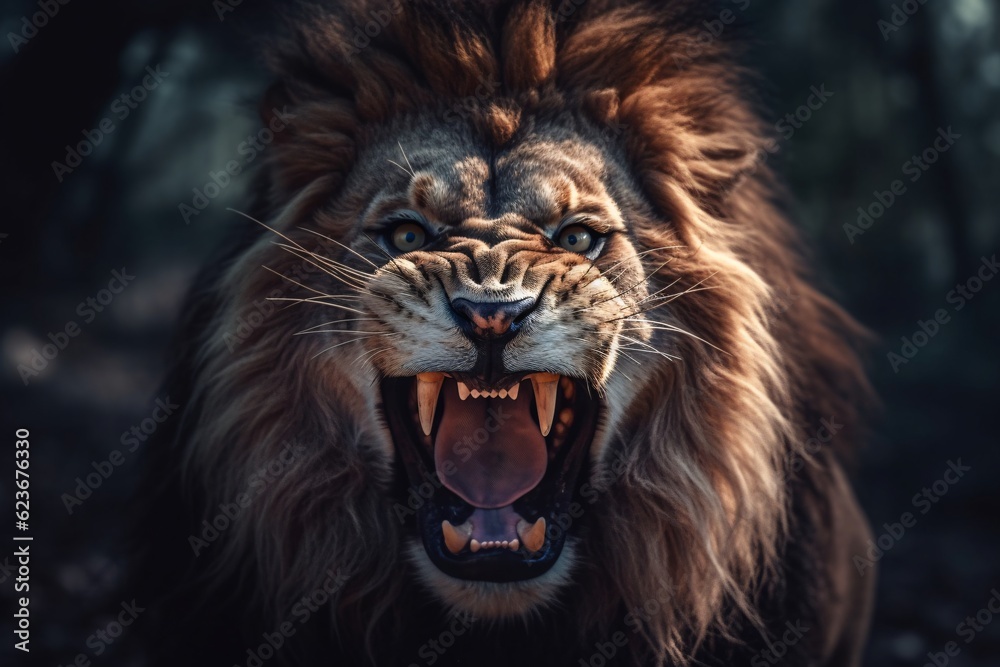 Naklejka premium An angry lion with an open mouth. expression of anger. Portrait of a big male lion with open mouth on a dark background. Generative AI technology