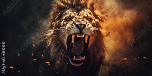 An angry lion with an open mouth. expression of anger. Portrait of a big male lion with open mouth on a dark background. Generative AI technology