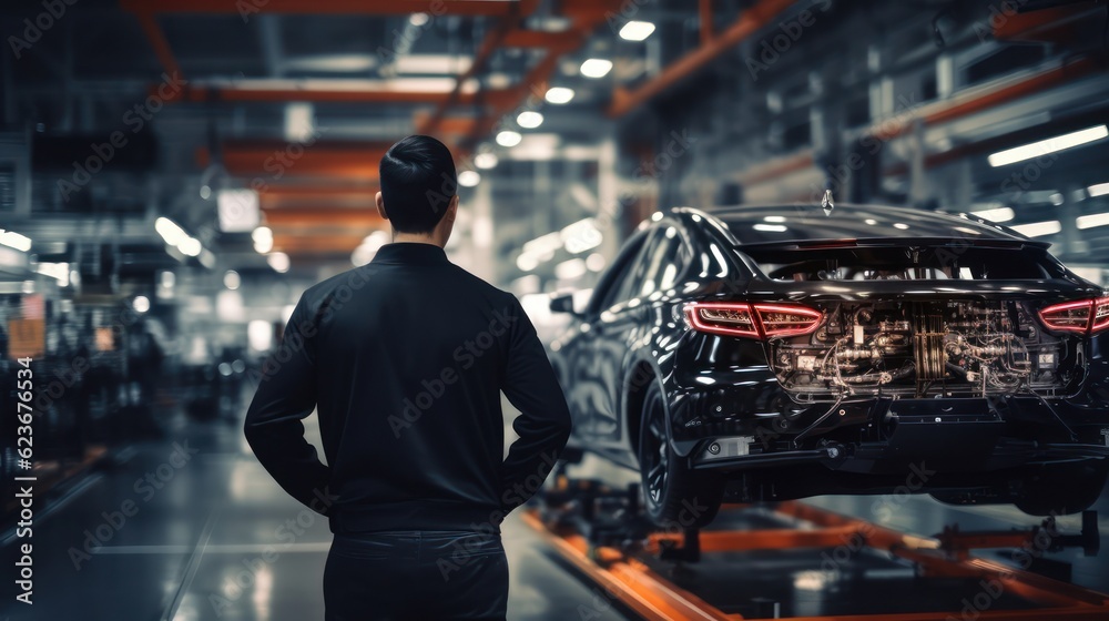 Rear view of automotive mechanic repairman look car condition in garage. Vehicle service male work in mechanics workshop. Generative Ai Rear view of automotive mechanic repairman look car condition in garage. Vehicle service male work in mechanics workshop. Generative Ai