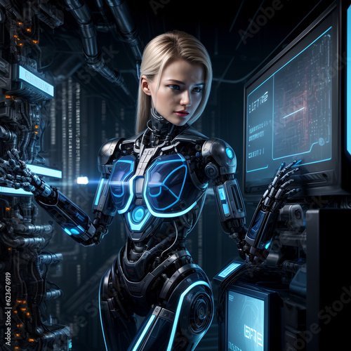 Cyborg woman, artificial intelligence in work, generative ai