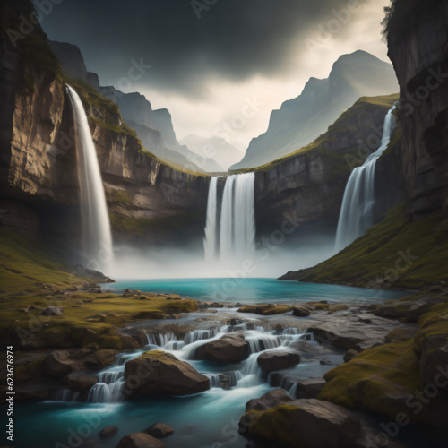 Fantasy landscape with waterfalls, panorama