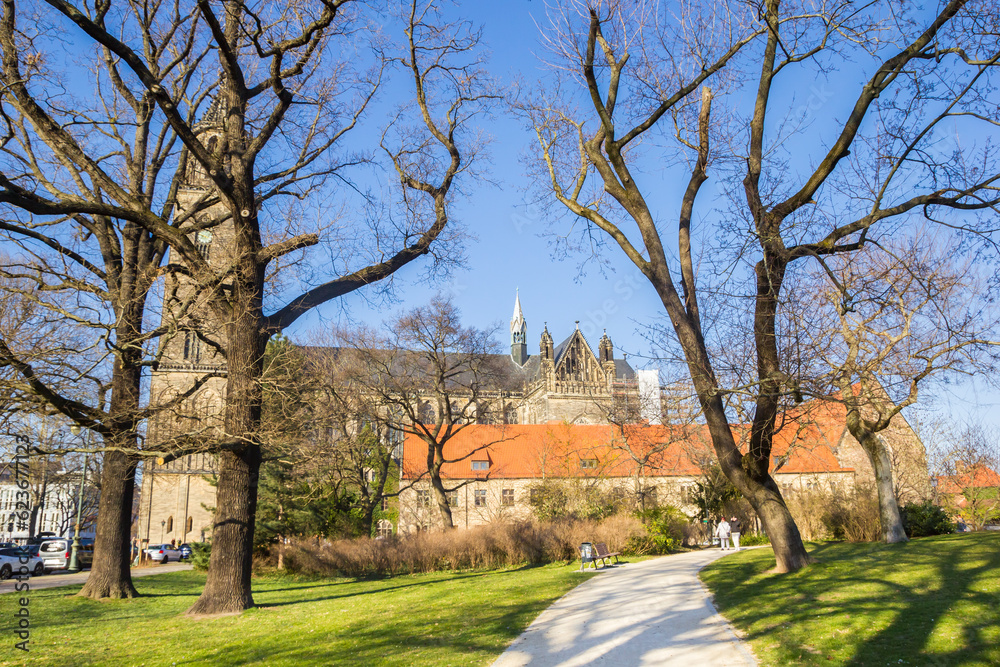 Park in front of the historic Dom church in Magdeburg, Germany Park in front of the historic Dom church in Magdeburg, Germany
